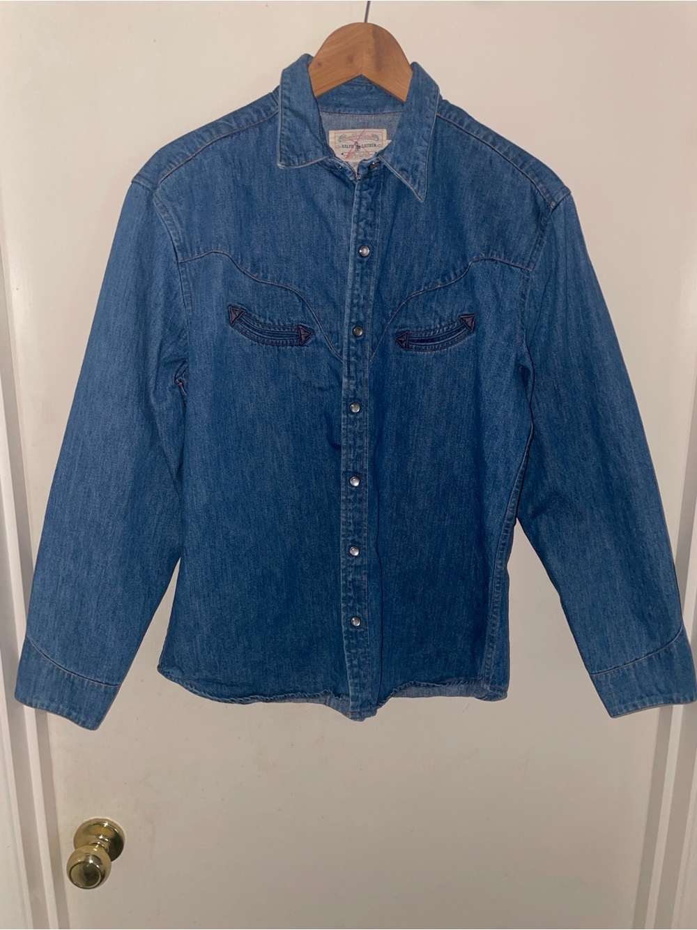 Ralph Lauren Vintage 100% Cotton Smiley Pocket Denim Snap Shirt - Picture 2 of 11